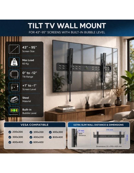 Soporte de pared ewent vesa hasta 95 pulgadas 800x400mm max 60kg Soporte de pared ewent vesa hasta 95 pulgadas 800x400mm max 60kg
