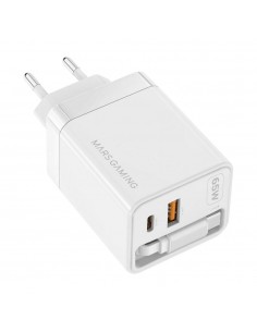 Cargador de pared mars gaming md - gan65rw 65w 1x usb tipo c 1 x usb tipo a cable retractil usb tipo c blanco