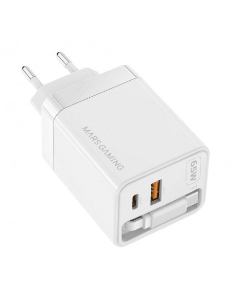 Cargador de pared mars gaming md - gan65rw 65w 1x usb tipo c 1 x usb tipo a cable retractil usb tipo c blanco