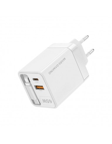 Cargador de pared mars gaming md - gan65rw 65w 1x usb tipo c 1 x usb tipo a cable retractil usb tipo c blanco