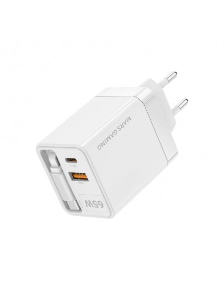 Cargador de pared mars gaming md - gan65rw 65w 1x usb tipo c 1 x usb tipo a cable retractil usb tipo c blanco