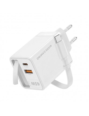 Cargador de pared mars gaming md - gan65rw 65w 1x usb tipo c 1 x usb tipo a cable retractil usb tipo c blanco
