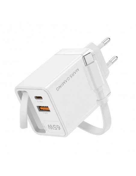 Cargador de pared mars gaming md - gan65rw 65w 1x usb tipo c 1 x usb tipo a cable retractil usb tipo c blanco