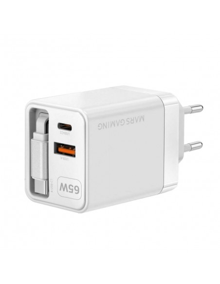 Cargador de pared mars gaming md - gan65rw 65w 1x usb tipo c 1 x usb tipo a cable retractil usb tipo c blanco