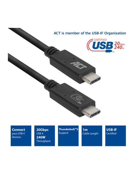 Cable usb - c act connectivity carga 240w mas datos 20 gbps 1.m certificado usb - if Cable usb - c act connectivity carga 240w mas datos 20 gbps 1.m certificado usb - if