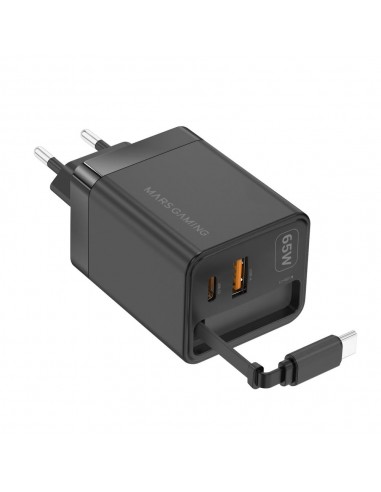 Cargador de pared mars gaming md - gan65r 65w 1x usb tipo c 1 x usb tipo a cable retractil usb tipo c negro