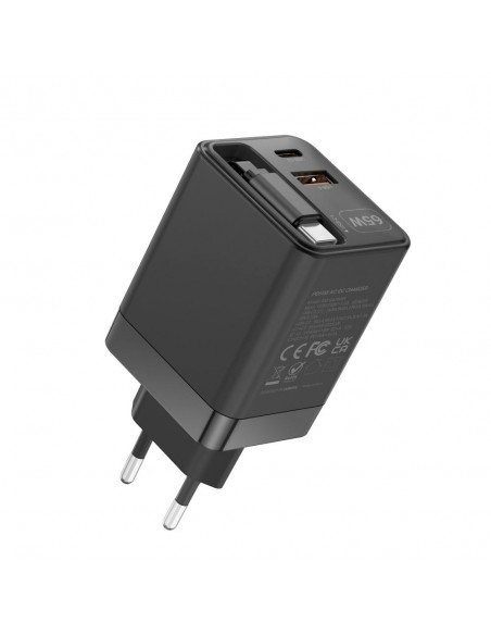 Cargador de pared mars gaming md - gan65r 65w 1x usb tipo c 1 x usb tipo a cable retractil usb tipo c negro