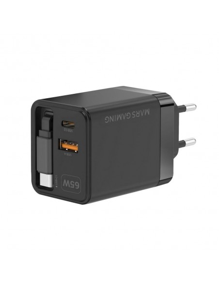 Cargador de pared mars gaming md - gan65r 65w 1x usb tipo c 1 x usb tipo a cable retractil usb tipo c negro