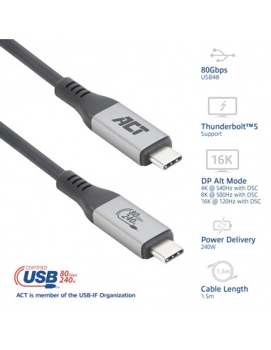 Cable usb4 act connectivity 80 gbps thunderbolt 5 - 240 w - usb type - c - certificado por usb - if - 1 -5 m.