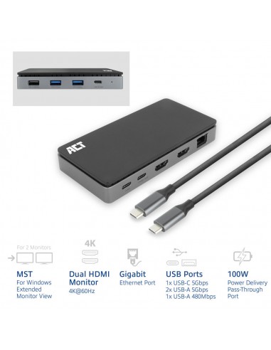 Docking station act connectivity usb - c 4k mst 2 monitores hdmi - ethernet - usb - c - 3x usb - a - pd pass - through cable 1m