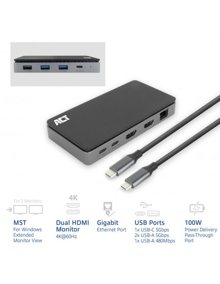 Docking station act connectivity usb - c 4k mst 2 monitores hdmi - ethernet - usb - c - 3x usb - a - pd pass - through cable 1m