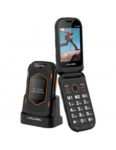 Telefono movil volfen ranger tipo concha negro - amarillo base de carga