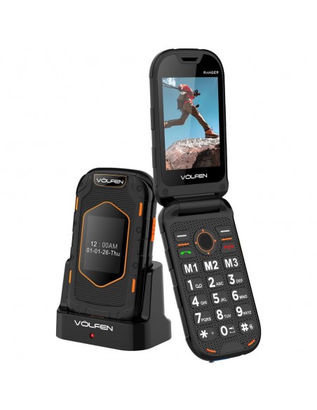 Telefono movil volfen ranger tipo concha negro - amarillo base de carga