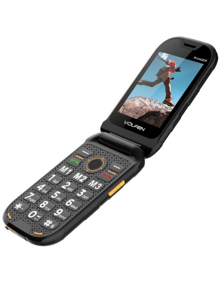 Telefono movil volfen ranger tipo concha negro - amarillo base de carga