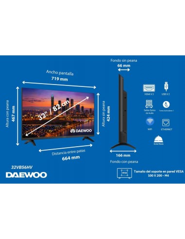Tv daewoo 32 pulgadas led hd ready - 32vb56hv - smart tv