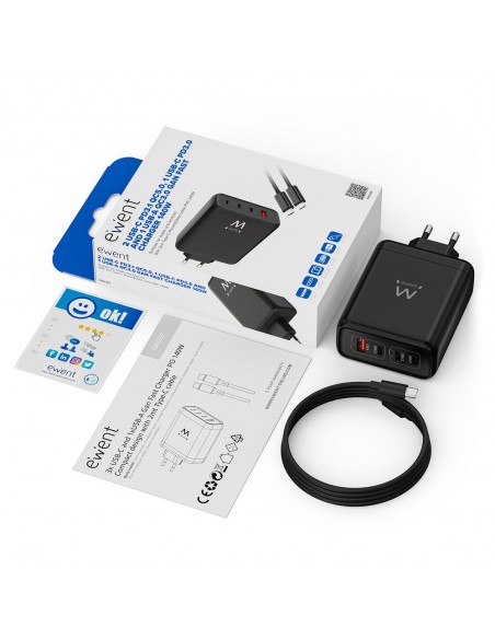 Cargador ewent ew1337 140w 3x usb tipo c 1x usb tipo a negro Cargador ewent ew1337 140w 3x usb tipo c 1x usb tipo a negro