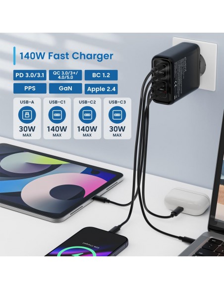 Cargador ewent ew1337 140w 3x usb tipo c 1x usb tipo a negro Cargador ewent ew1337 140w 3x usb tipo c 1x usb tipo a negro
