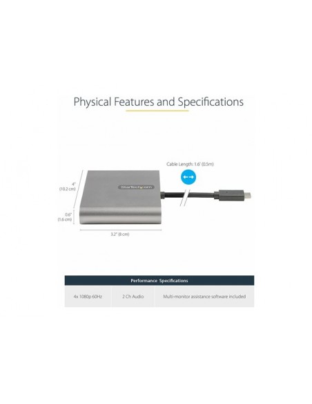 Adaptador usb tipo c a 4x hdmi startech 0.5m - macho - hembra - gris