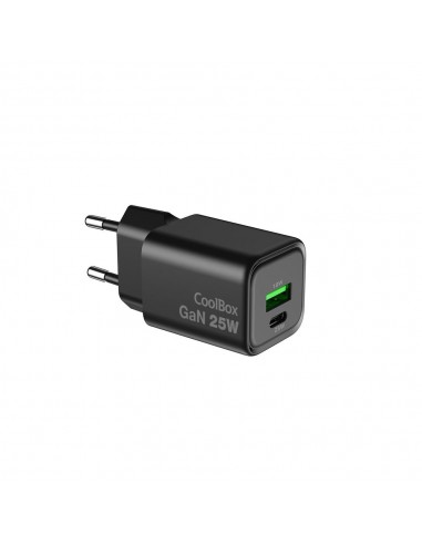 Cargador usb de pared coolbox 25w gan usb tipo a - usb tipo c negro