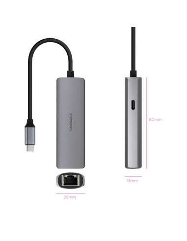 Adaptador nanocable usb - c 3.1 a rj45 con pd 100w usb - c - m aluminio color gris 18 cm