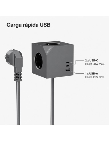 Base de enchufes coolbox cubik magnet 3 enchufes con carga usb c+a cable ac integrado