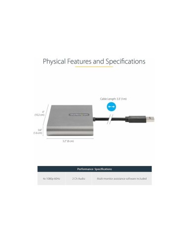 Adaptador usb 3.0 a 4x hdmi startech 1m - macho - hembra - gris