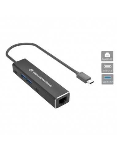 Adaptador usb tipo c a rj45 conceptronic macho - hembra + hub 4 en 1