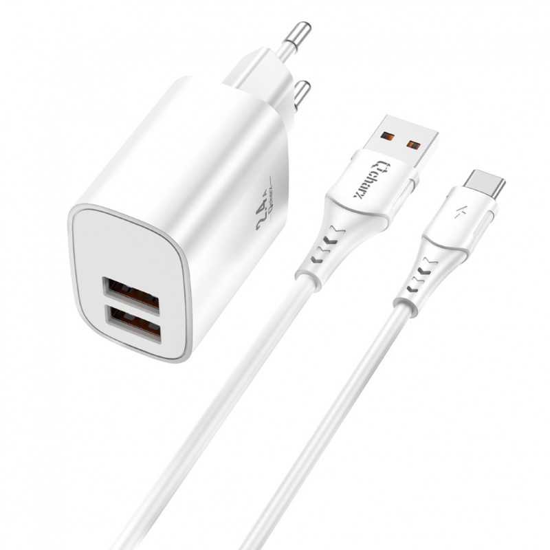 Kit cargador qcharx apolo 24a 12w + cable usb a tipo c blanco