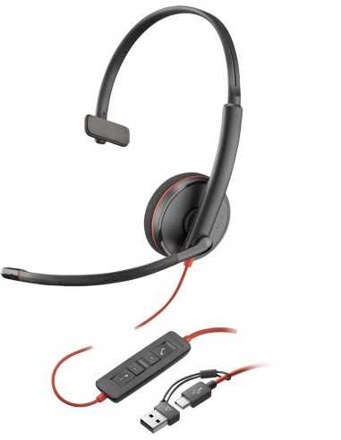 Auriculares poly blackwire 3210 monaural usb - c + adaptador usb - c - a (bulk)