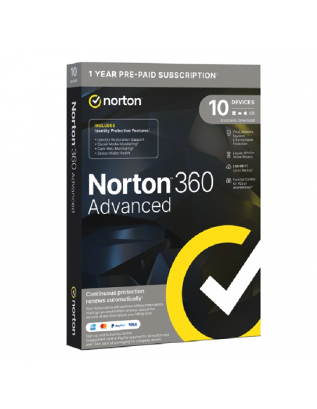 Antivirus norton 360 advanced 200gb español 1 usuario 10 dispositivos 1 año caja