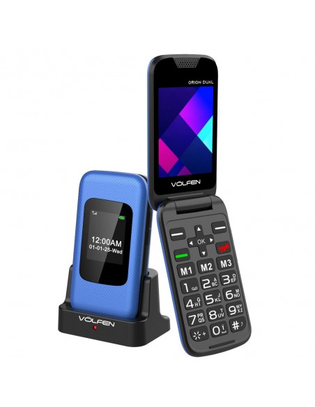 Telefono movil volfen orion dual max tipo concha azul base de carga