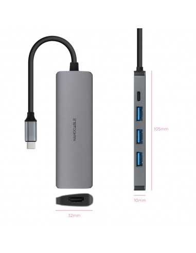 Hub nanocable usb - c 5 en 1 conversor usb - c 3.1 a 3xusb - a 3.0 + usb - c pd + hdmi aluminio gris 18 cm
