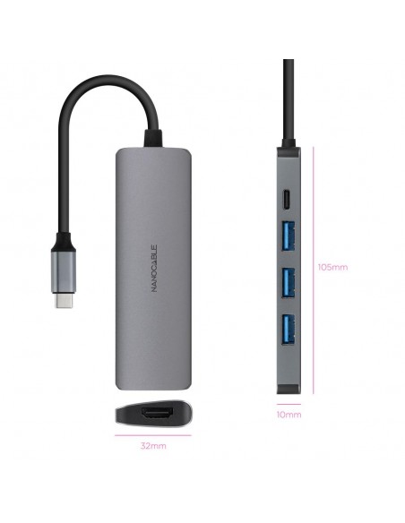 Hub nanocable usb - c 5 en 1 conversor usb - c 3.1 a 3xusb - a 3.0 + usb - c pd + hdmi aluminio gris 18 cm