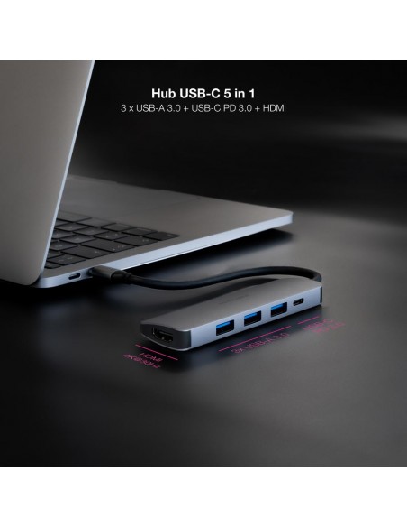 Hub nanocable usb - c 5 en 1 conversor usb - c 3.1 a 3xusb - a 3.0 + usb - c pd + hdmi aluminio gris 18 cm