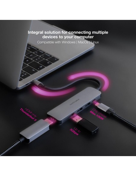Hub nanocable usb - c 5 en 1 conversor usb - c 3.1 a 3xusb - a 3.0 + usb - c pd + hdmi aluminio gris 18 cm