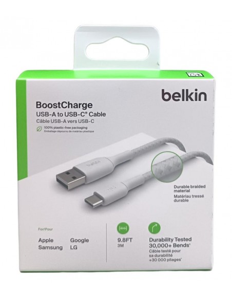 Cable usb tipo c a usb tipo a belkin 3m - macho - macho - blanco - trenzado