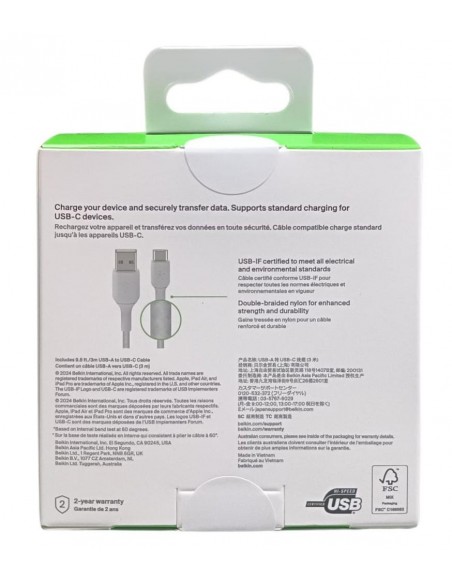 Cable usb tipo c a usb tipo a belkin 3m - macho - macho - blanco - trenzado