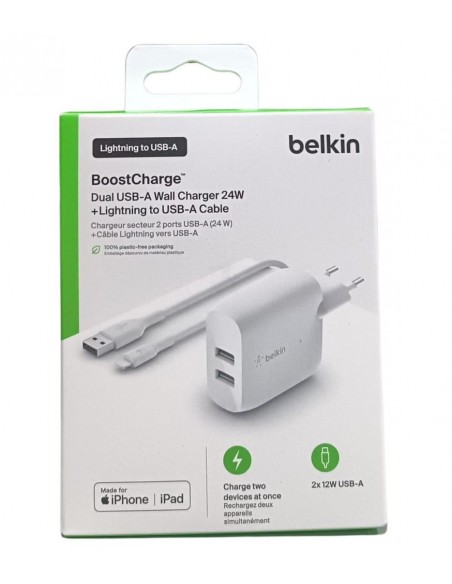 Cargador belkin wcd001vf1mwh 24w 2x usb tpo a + cable lightning a usb tipo a 1m Cargador belkin wcd001vf1mwh 24w 2x usb tpo a + cable lightning a usb tipo a 1m