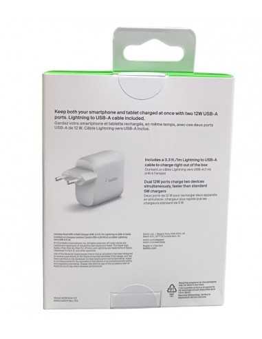 Cargador belkin wcd001vf1mwh 24w 2x usb tpo a + cable lightning a usb tipo a 1m