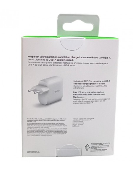 Cargador belkin wcd001vf1mwh 24w 2x usb tpo a + cable lightning a usb tipo a 1m Cargador belkin wcd001vf1mwh 24w 2x usb tpo a + cable lightning a usb tipo a 1m