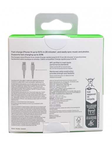 Cable lightning a usb tipo c belkin 2m - macho - macho - blanco - trenzado