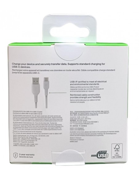 Cable usb tipo c a usb tipo a belkin 2m - macho - macho - blanco Cable usb tipo c a usb tipo a belkin 2m - macho - macho - blanco