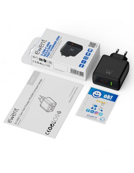 Cargador ewent ew1331 65w 2x usb tipo c 1x usb tipo a