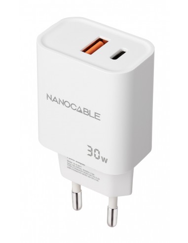 Cargador nanocable usb - c - pd + usb - a - qc 30w blanco
