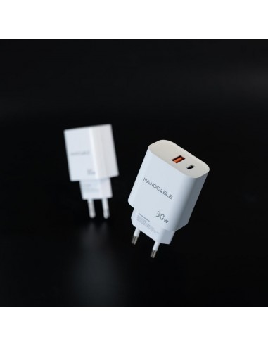 Cargador nanocable usb - c - pd + usb - a - qc 30w blanco