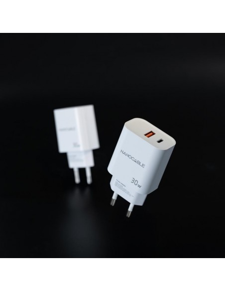 Cargador nanocable usb - c - pd + usb - a - qc 30w blanco