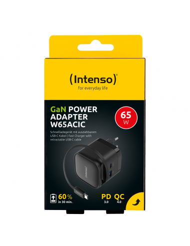 Cargador de pared intenso 65w gan w65acic retractil negro