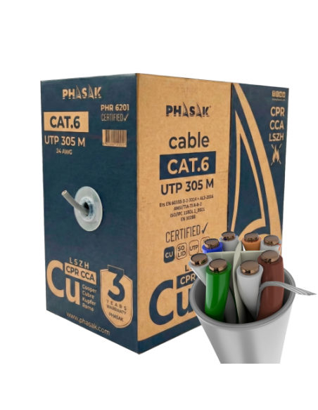 Bobina cable red phasak utp cat.6 lszh certificacion cpr (ignifugo) cca 305m gris