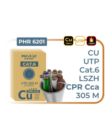 Bobina cable red phasak utp cat.6 lszh certificacion cpr (ignifugo) cca 305m gris